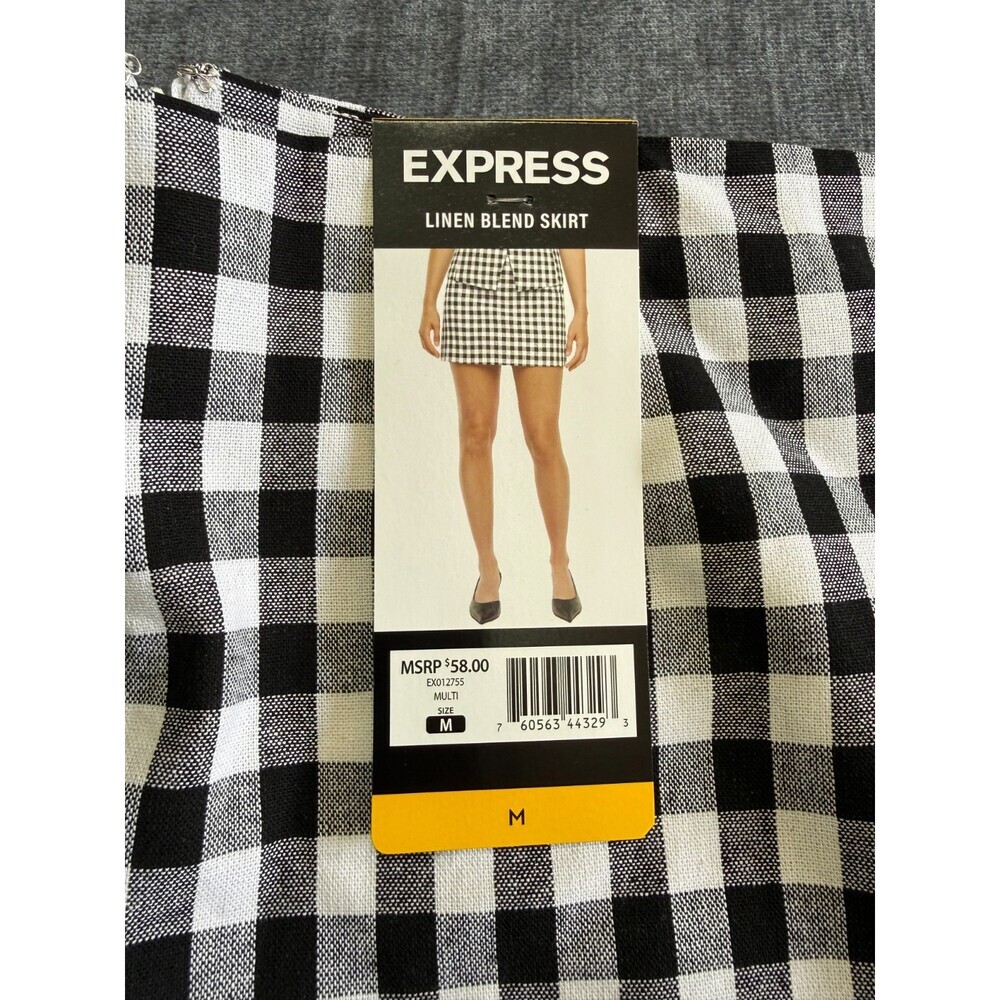 Express Linen Blend Mini Skirt Women's Medium White/Black Gingham Pleated Preppy - Picture 4 of 6
